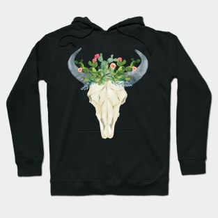 Bull skull with cacti crown - hand painted watercolor Hoodie